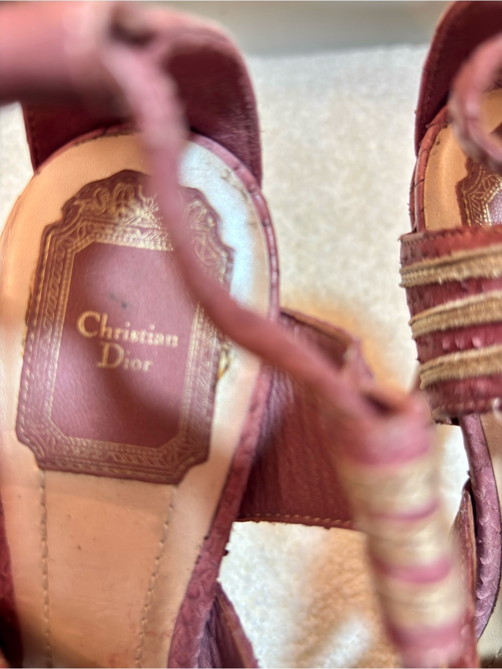 Dior Burgundy with Gold Trim Platform Strappy Heels - Picture 4 of 8
